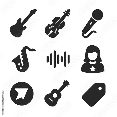 Music Genre Icons. Solid, filled icons set of genre-based music icons: rock guitar, classical violin, hip-hop