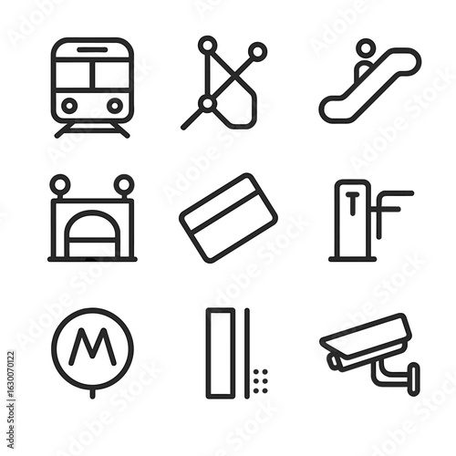 Urban Train Icons. Outline icon set of urban trains: subway train, metro map, escalator, subway entrance, fare card, metro