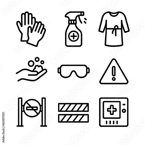 Isolation Precaution Icons. Outline icon set of isolation precautions: gloves, disinfectant spray, isolation gown, hand washing,