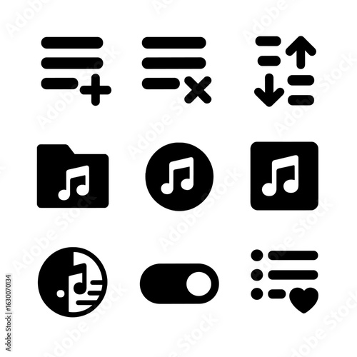 Music Playlist Icons. Solid, filled icons set of music playlist management: add to playlist, remove track,