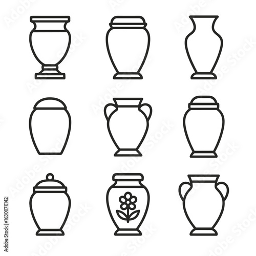 Urn Icon Collection. Outline icon set of urn: classical urn, funerary urn, decorative vase, cremation urn, ancient pottery,
