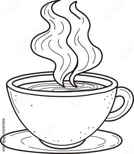 Steaming coffee cup on saucer in black and white hand-drawn line art style
