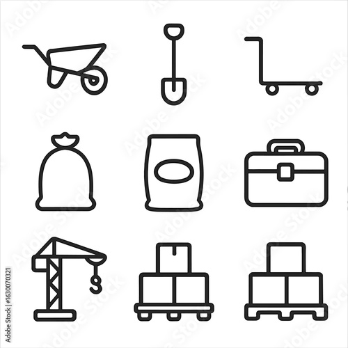 Utility Tools Icons. Outline icon set of utility loading tools: wheelbarrow, shovel, push cart, moving dolly, sack of goods,