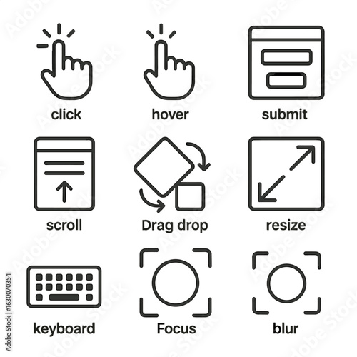 JavaScript Events Icons. Outline icon set of JavaScript event types: click, hover, submit, scroll, drag and drop, resize, keyboard
