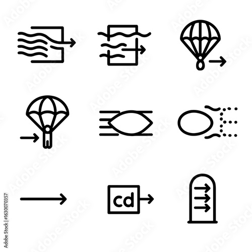 Drag Concept Icons. Outline icon set of drag concepts: air resistance, water drag, friction, parachute, streamlined body,