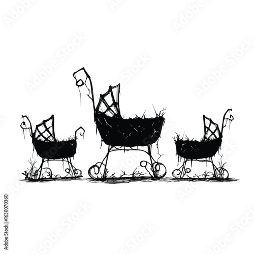 Vector silhouette set of Halloween Cracked Baby Cradle isolated in White background, silhouette Set, Halloween theme, Vector illustration