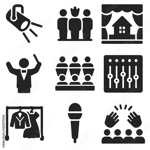Musical Theater Icons. Solid, filled icons set of musical theater scene: spotlight, cast ensemble, stage set,