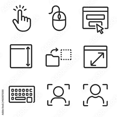 JavaScript Events Icons. Outline icon set of JavaScript event types: click, hover, submit, scroll, drag and drop, resize, keyboard