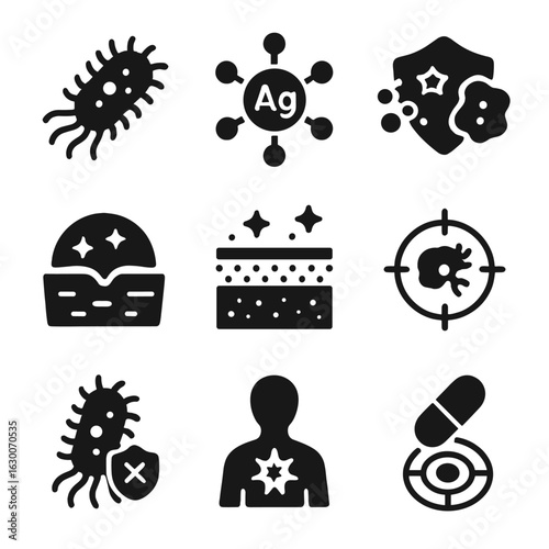Nano-Antibiotics Icon Set. Solid, filled icons set of nano-antibiotics and infection control: bacteria cell,