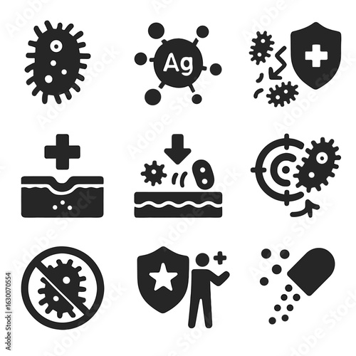 Nano-Antibiotics Icon Set. Solid, filled icons set of nano-antibiotics and infection control: bacteria cell,