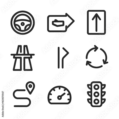 Vehicle Directions Icons. Outline icon set of vehicle directions: steering wheel, turn signal, road arrow, highway sign, lane