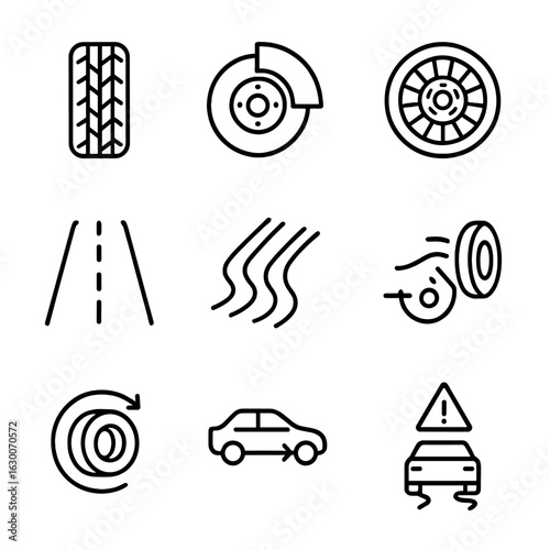 Vehicle Friction Icons. Outline icon set of friction in vehicles: tire tread, brake disc, clutch plate, road surface, skid marks,