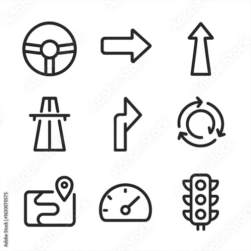 Vehicle Directions Icons. Outline icon set of vehicle directions: steering wheel, turn signal, road arrow, highway sign, lane