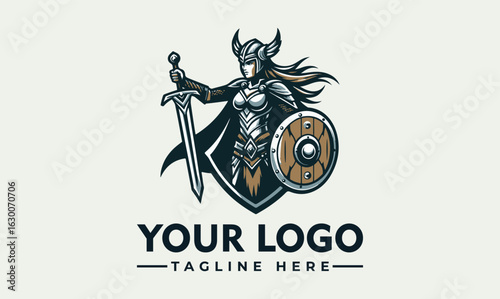A fierce female Viking warrior logo, wielding a sword and shield, ready for battle.
