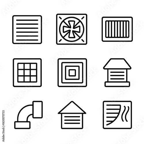 Vent Types Icons. Outline icon set of vent types: air vent, exhaust vent, floor vent, wall vent, ceiling vent, ventilation fan,