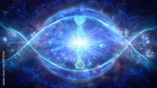 A glowing double helix DNA strand surrounded by ethereal blue healing energy.