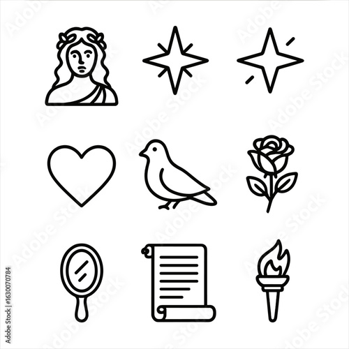 Venus Icon Set. Outline icon set of Venus in mythology and culture: Roman goddess Venus, morning star, evening star, love symbol,