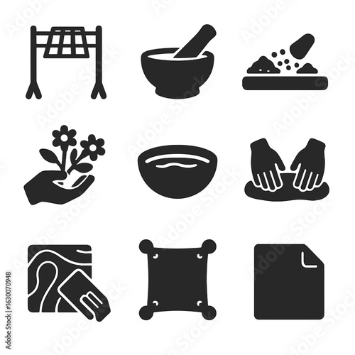 Natural Art Icons Grid. Solid, filled icons set of natural art materials preparation: drying rack, mortar and