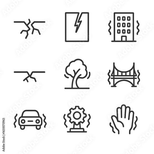 Vibration Impact Icons. Outline icon set of vibration impacts: cracked surface, broken glass, shaking building, fractured ground,