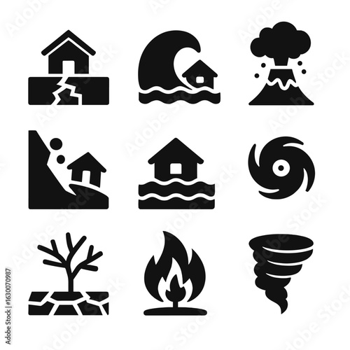 Natural Disaster Icons. Solid, filled icons set of natural disasters: earthquake epicenter, tsunami wave,