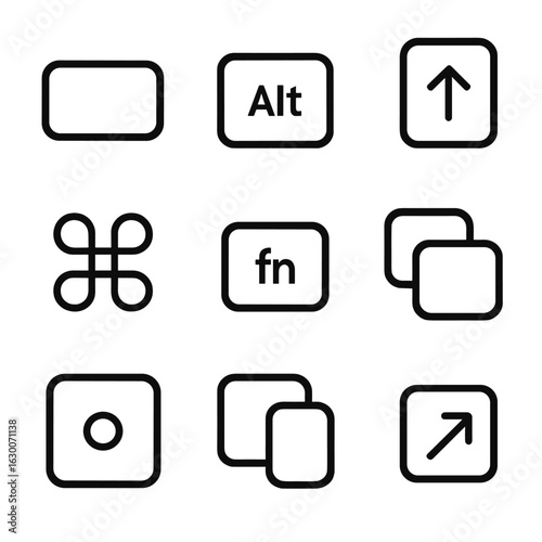 Keyboard Shortcut Icons. Outline icon set of keyboard shortcuts: Ctrl key, Alt key, Shift key, Command (⌘) key, function key,