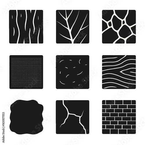 Natural Texture Icons. Solid, filled icons set of natural texture overlays: bark texture, leaf veins, rock