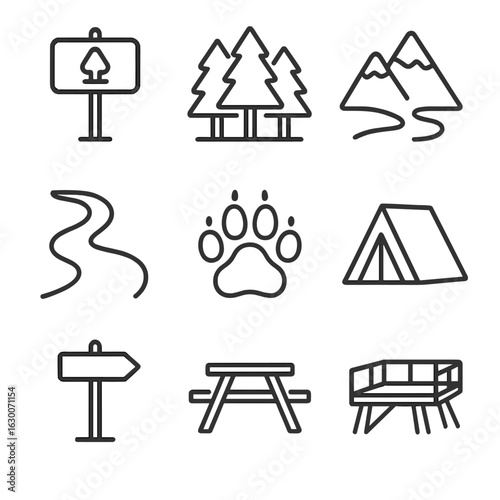 Natural Reserve Icons. Outline icon set of Natural Reserves and Protected Areas: national park sign, forest,