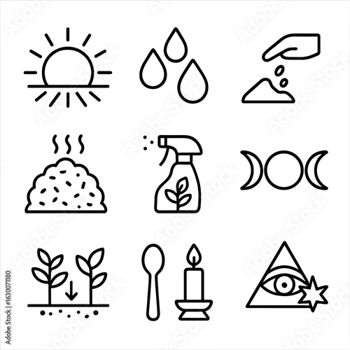 Nature Agriculture Icons. Outline icon set of nature-based agriculture: sun rays, water drops, planting seeds,