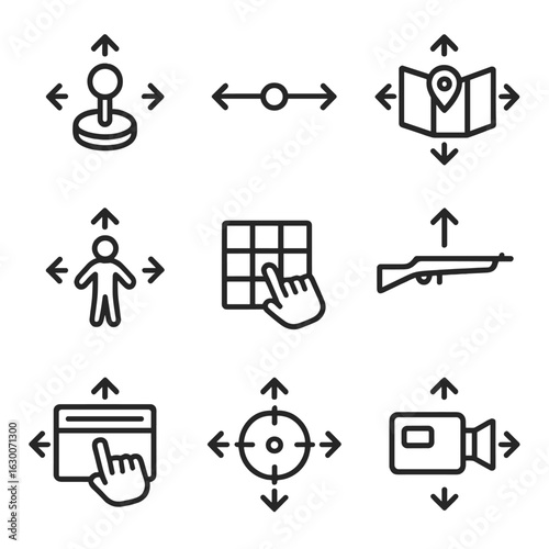 Drag Gaming Icon Set. Outline icon set of drag in gaming controls: drag joystick, drag slider, move character, drag map, drag