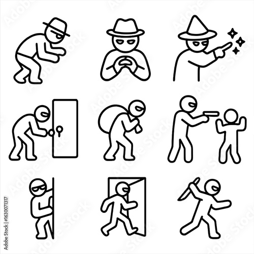 Villain Actions Icons. Outline icon set of villain actions: sneaking, plotting, casting spell, locking door, stealing, threatening