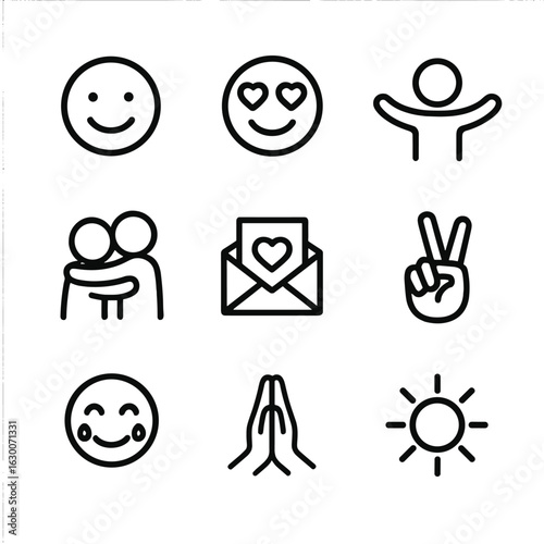 Kindness Icon Set. Outline icon set of kindness emotions: smiling face, heart eyes, open arms, hug, thank you card, peace hand