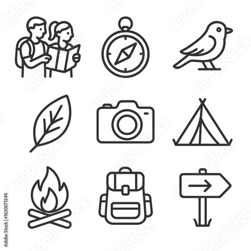 Nature Exploration Icons. Outline icon set of nature exploration by couples: map, compass, bird, leaf, camera,