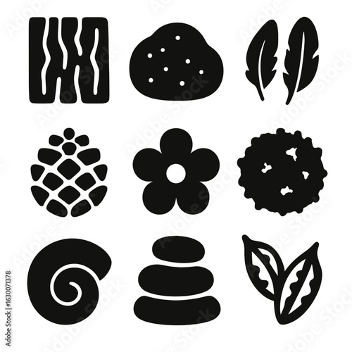 Nature Icons Grid. Solid, filled icons set of natural textures and materials: tree bark, sand, feathers, pine