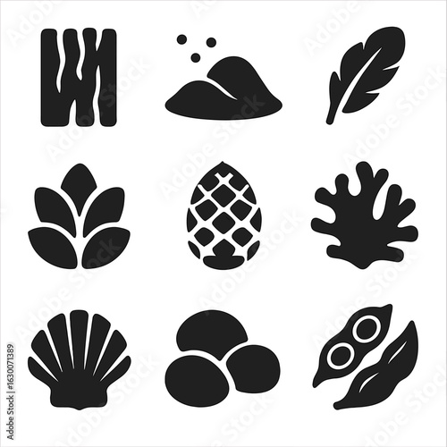Nature Icons Grid. Solid, filled icons set of natural textures and materials: tree bark, sand, feathers, pine