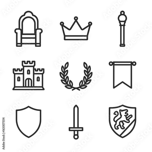 Kingdom Legacy Icons. Outline icon set of kingdom and legacy symbols: throne, crown, scepter, castle, laurel wreath, banner,