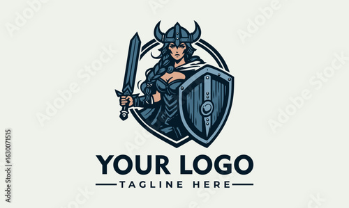 A warrior woman, armed with sword and shield, stands ready for battle.