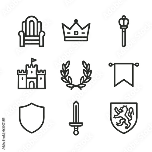 Kingdom Legacy Icons. Outline icon set of kingdom and legacy symbols: throne, crown, scepter, castle, laurel wreath, banner,