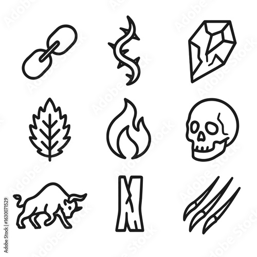 Violent Symbol Icons. Outline icon set of violent allure: broken chain, thorned vine, shattered crystal, fiery flame, spiked leaf,
