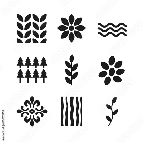 Nature Icon Pattern. Solid, filled icons set of nature-inspired pattern design: leaf repeat tile, petal