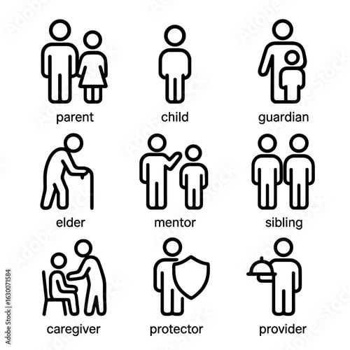 Kinship Icon Set. Outline icon set of kin social roles: parent, child, guardian, elder, mentor, sibling, caregiver, protector,
