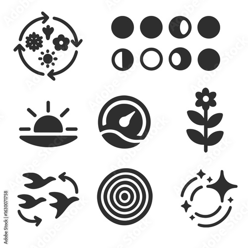 Nature's Time Icons. Solid, filled icons set of time in nature: seasons cycle, moon phases, sunrise, sunset,