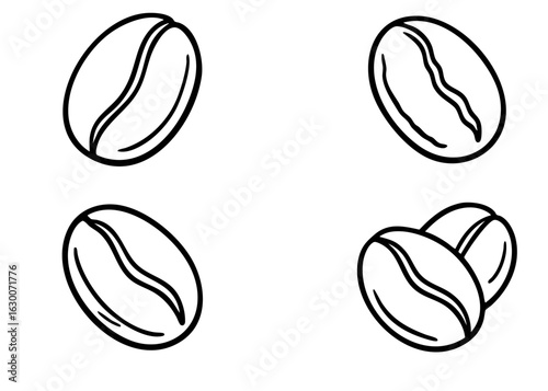 Black and white set of four outlined coffee beans in various positions. Hand-drawn cartoon style. Perfect for coloring books, logos, templates, and minimalist cafe or coffee-themed designs.