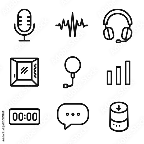 Voice Recording Icons. Outline icon set of voice recording: microphone, voice wave, headset, soundproof room, pop filter, audio