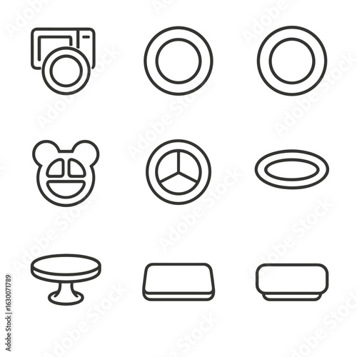 Kitchen Plate Icons. Outline icon set of kitchen plates: microwave-safe plate, ceramic plate, melamine plate, kid’s plate, divided