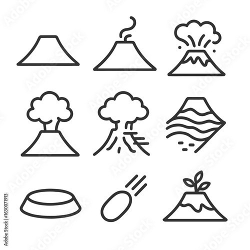 Volcanic Eruption Icons. Outline icon set of volcanic eruption stages: dormant volcano, fumarole steam, lava eruption, ash plume,