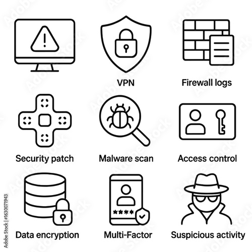 Network Security Icons. Outline icon set of Network security tools: intrusion detection system, VPN shield,
