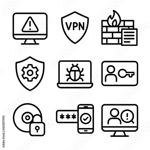 Network Security Icons. Outline icon set of Network security tools: intrusion detection system, VPN shield,