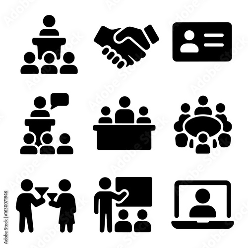 Networking Event Icons. Solid, filled icons set of networking and events: conference, handshake, business card