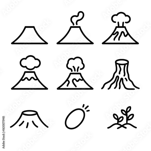 Volcanic Eruption Icons. Outline icon set of volcanic eruption stages: dormant volcano, fumarole steam, lava eruption, ash plume,
