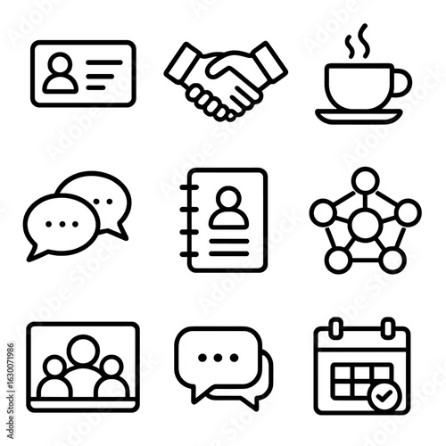 Networking Icons Grid. Outline icon set of Networking and Socializing: business card, handshake, coffee cup,